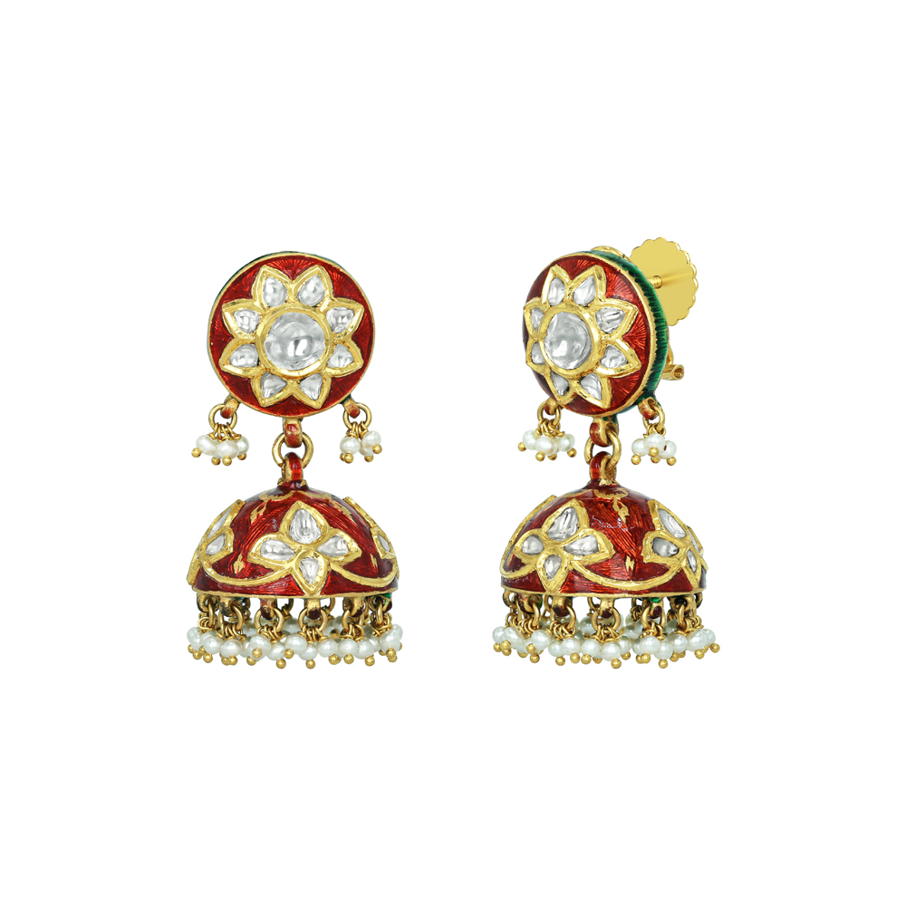 Red Enamel Polki Jhumkas with Pearls and Floral Motif